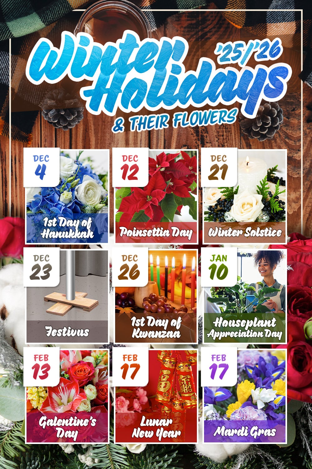 Holiday-themed poster showcasing various flowers connected to specific dates and holidays from December 2025 to March 2026, including Poinsettia Day, Winter Solstice, Festivus, Hanukkah, Kwanzaa, Houseplant Appreciation Day, Lunar New Year, Galentine's Day, and Mardi Gras.