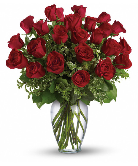 Long-stemmed red roses and greenery in a clear glass vase