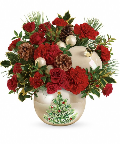 red spray roses, red carnations, and red miniature carnations, accented with variegated holly, white pine, and red huckleberry