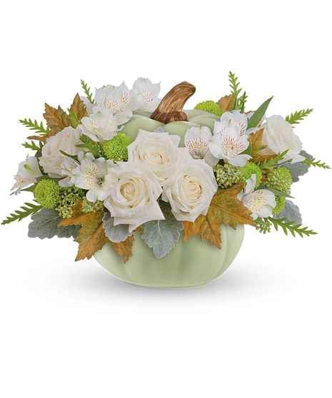 white roses, white alstroemeria, green button chrysanthemums, and accents of seeded eucalyptus, dusty miller, and grevillea foliage in Sage Harvest Pumpkin
