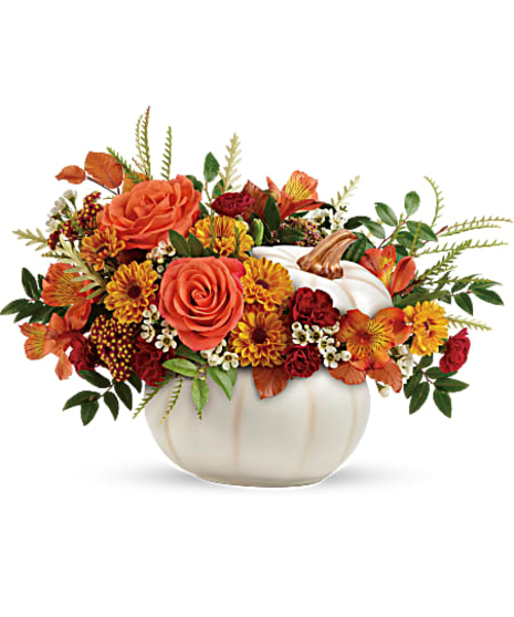 enchanting white ceramic pumpkin, this fabulous fall mix of roses and mums