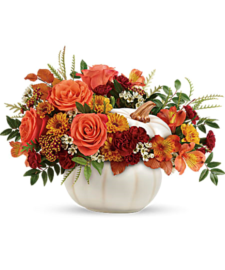 enchanting white ceramic pumpkin, this fabulous fall mix of roses and mums